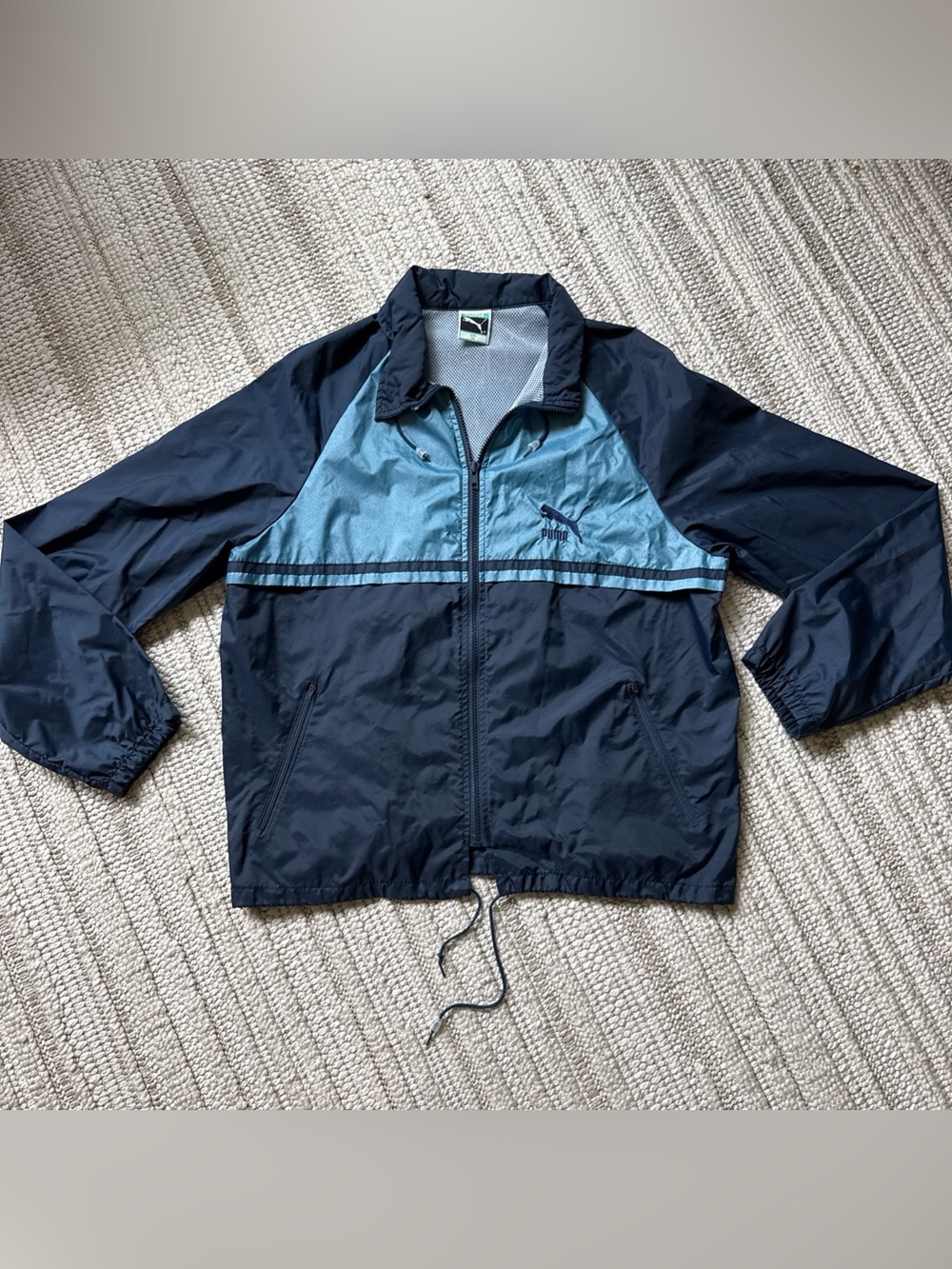 PUMA Men’s M Teal Blue Navy Blue Colorblock Windbreaker Jacket 90s 80s Retro